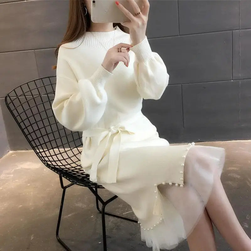 2023 Autumn High-quality Crew-neck Solid Color Long-sleeved Slim Fashion Women's Sweater Dress