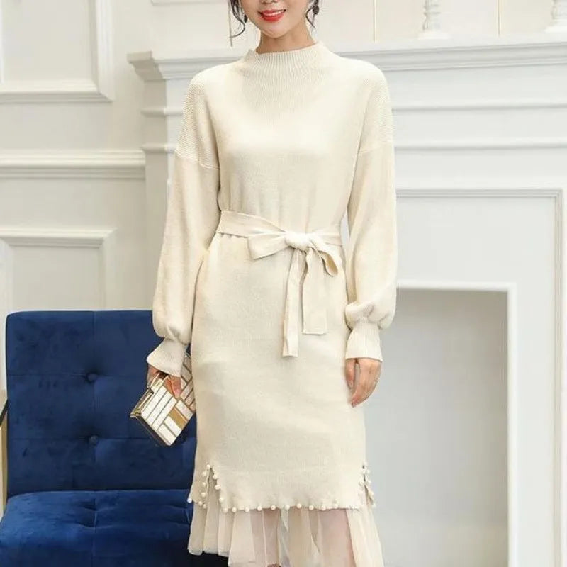 2023 Autumn High-quality Crew-neck Solid Color Long-sleeved Slim Fashion Women's Sweater Dress