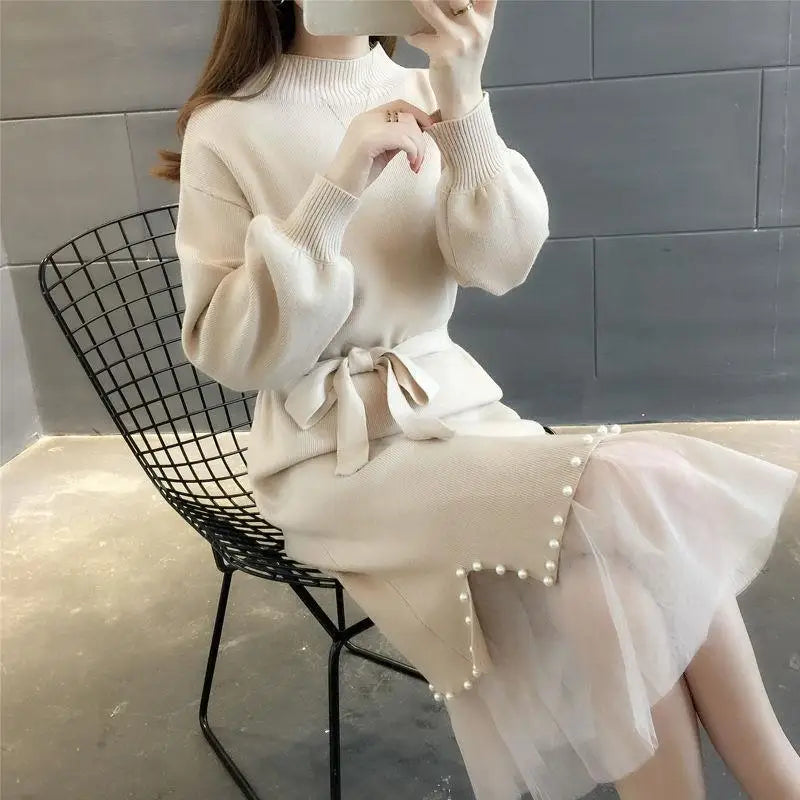 2023 Autumn High-quality Crew-neck Solid Color Long-sleeved Slim Fashion Women's Sweater Dress