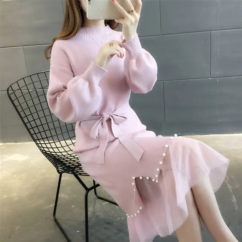 2023 Autumn High-quality Crew-neck Solid Color Long-sleeved Slim Fashion Women's Sweater Dress