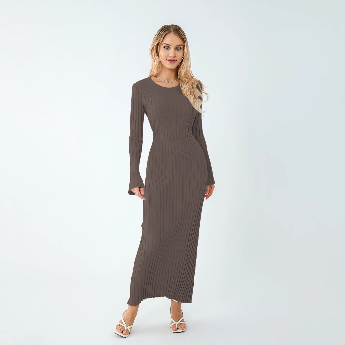 2024 Elegant Women Knit Dress Fashion Long Sleeve Crew Neck Ribbed Solid Fall Long Dress Streetwear Vestidos