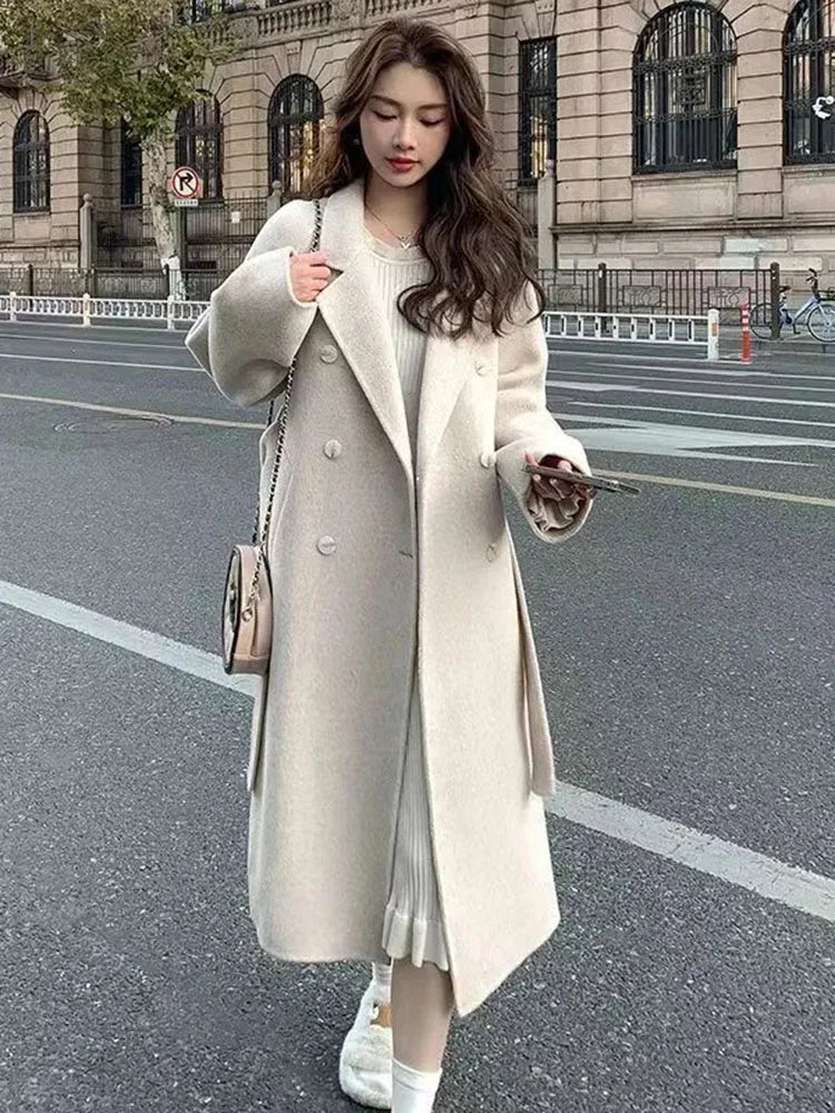 Streetwear Mid Length Woolen Coat Jackets Warm Baggy Double Breasted Jaqueta Overcoat Thick Korean Belt Wool Blend Outerwear New