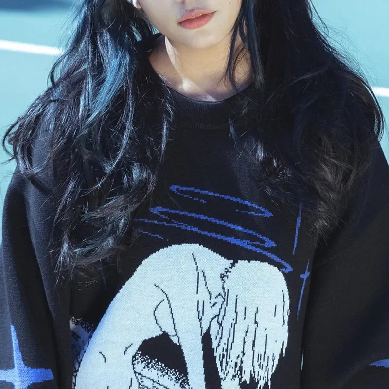 Evangelion Ayanami Rei Anime Sweaters Women Y2k Knitwear Retro Harajuku Loose Knitted Jumpers Gothic Oversized Fashion Autumn