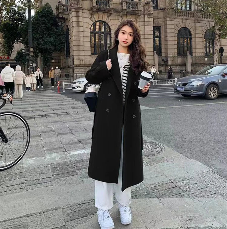 Streetwear Mid Length Woolen Coat Jackets Warm Baggy Double Breasted Jaqueta Overcoat Thick Korean Belt Wool Blend Outerwear New
