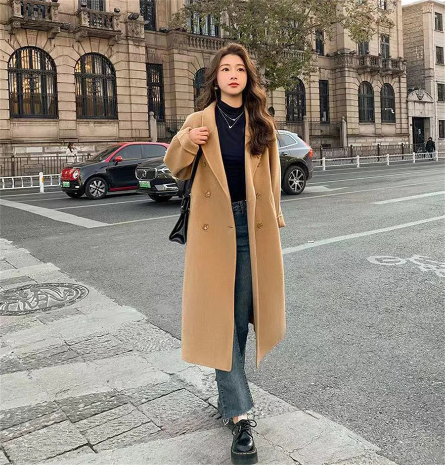 Streetwear Mid Length Woolen Coat Jackets Warm Baggy Double Breasted Jaqueta Overcoat Thick Korean Belt Wool Blend Outerwear New