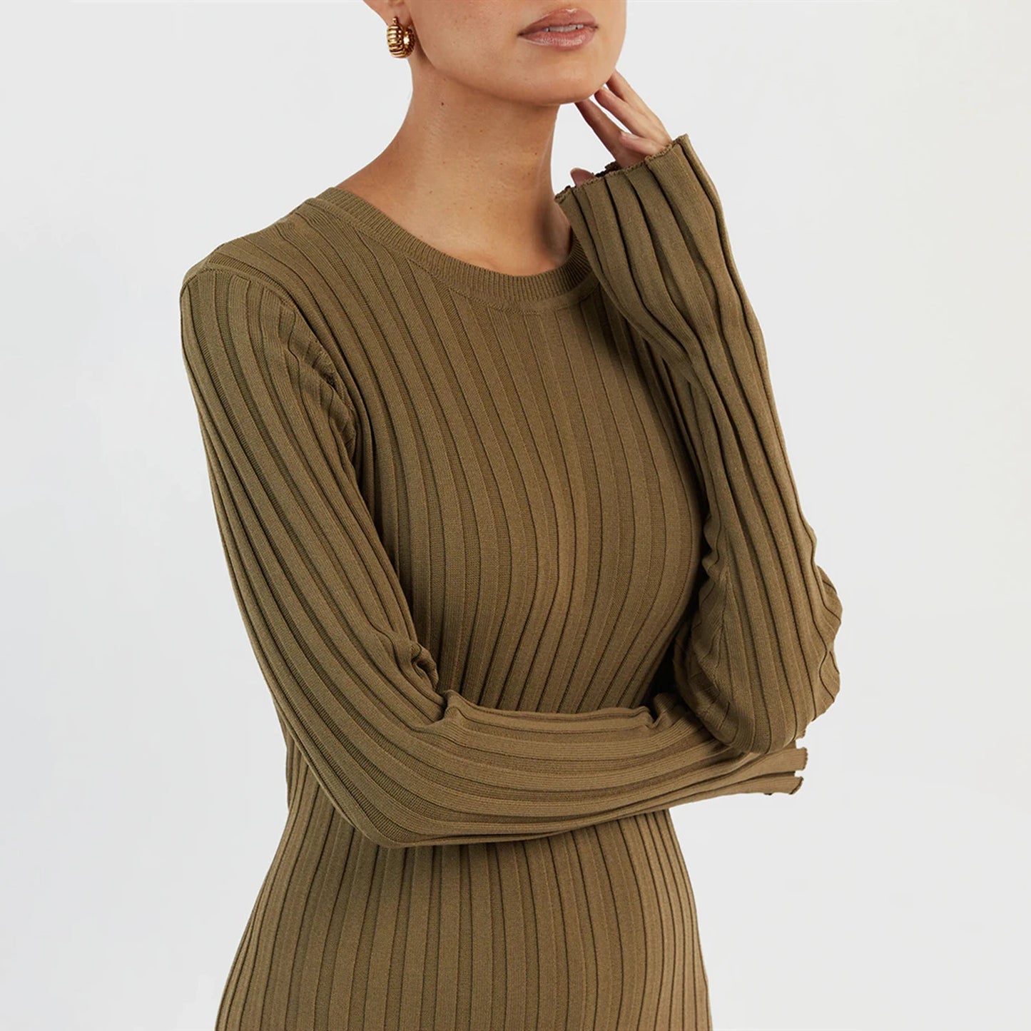 2024 Elegant Women Knit Dress Fashion Long Sleeve Crew Neck Ribbed Solid Fall Long Dress Streetwear Vestidos