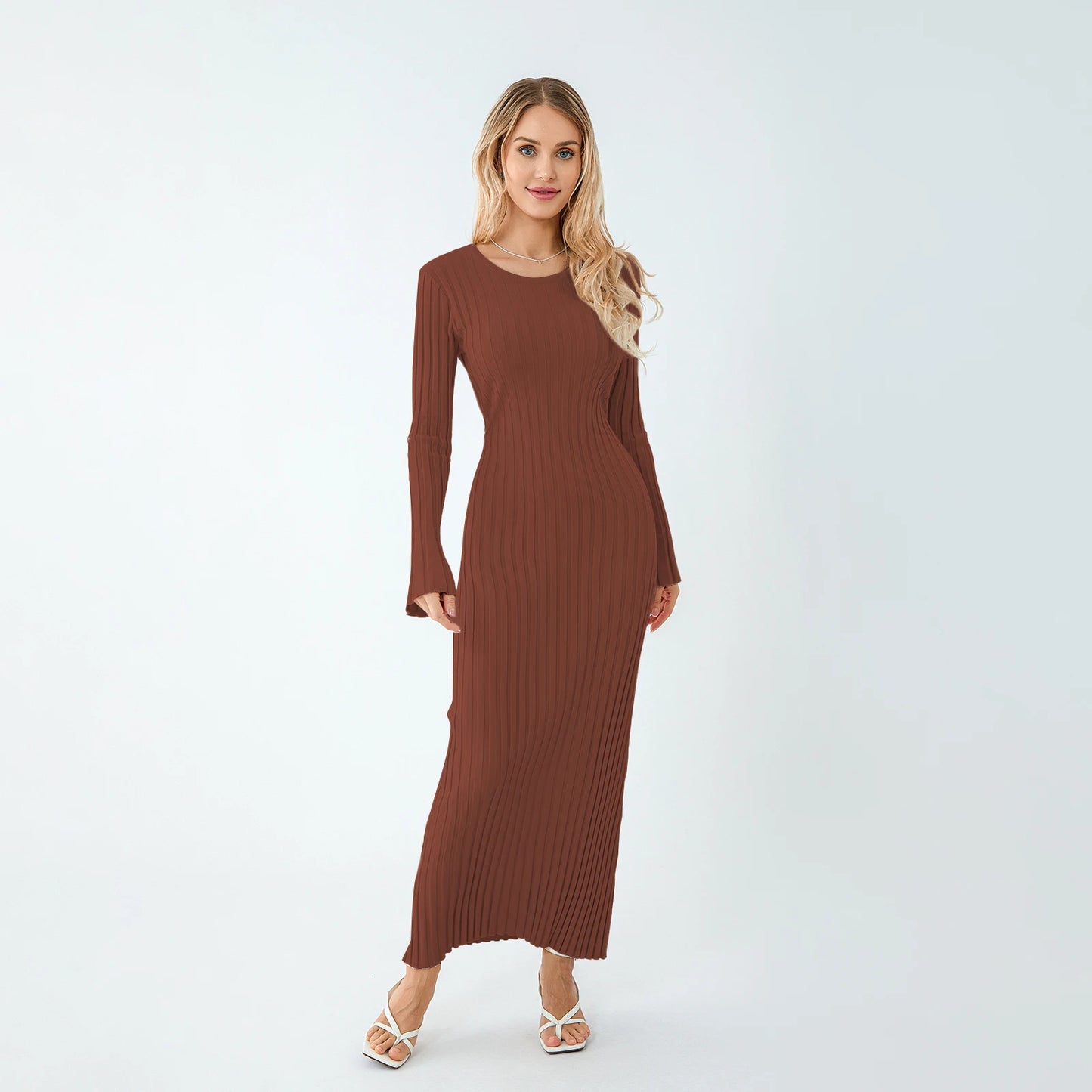 2024 Elegant Women Knit Dress Fashion Long Sleeve Crew Neck Ribbed Solid Fall Long Dress Streetwear Vestidos
