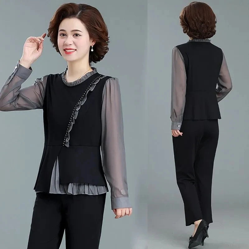 Middle Aged Mom Fashion 2 Piece Set Women Outfit Elegant Ruffles Long Sleeve Blouse And Ankle Length Pant Suit Conjunto Femenino