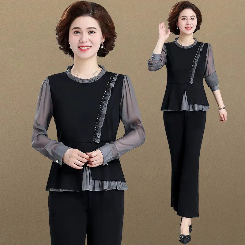 Middle Aged Mom Fashion 2 Piece Set Women Outfit Elegant Ruffles Long Sleeve Blouse And Ankle Length Pant Suit Conjunto Femenino