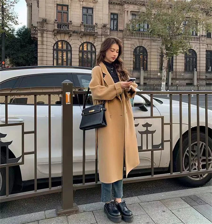 Streetwear Mid Length Woolen Coat Jackets Warm Baggy Double Breasted Jaqueta Overcoat Thick Korean Belt Wool Blend Outerwear New