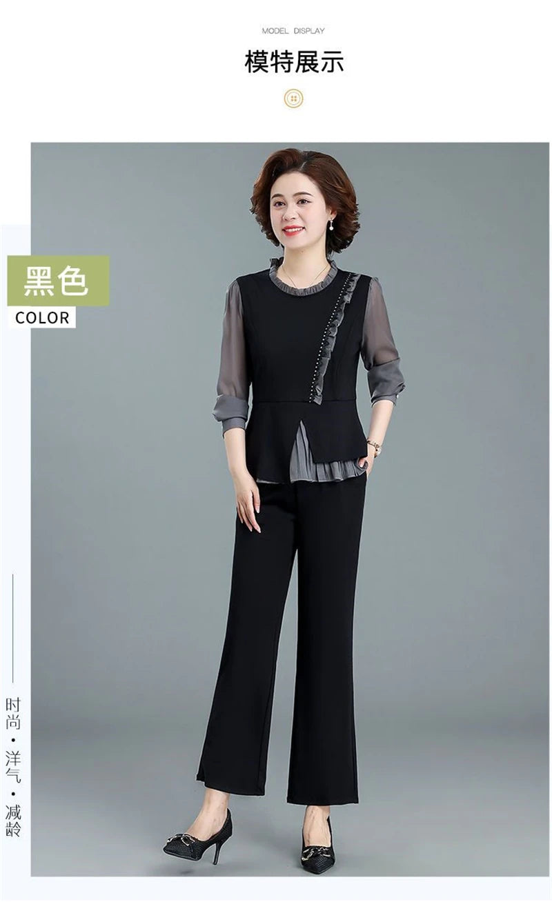 Middle Aged Mom Fashion 2 Piece Set Women Outfit Elegant Ruffles Long Sleeve Blouse And Ankle Length Pant Suit Conjunto Femenino