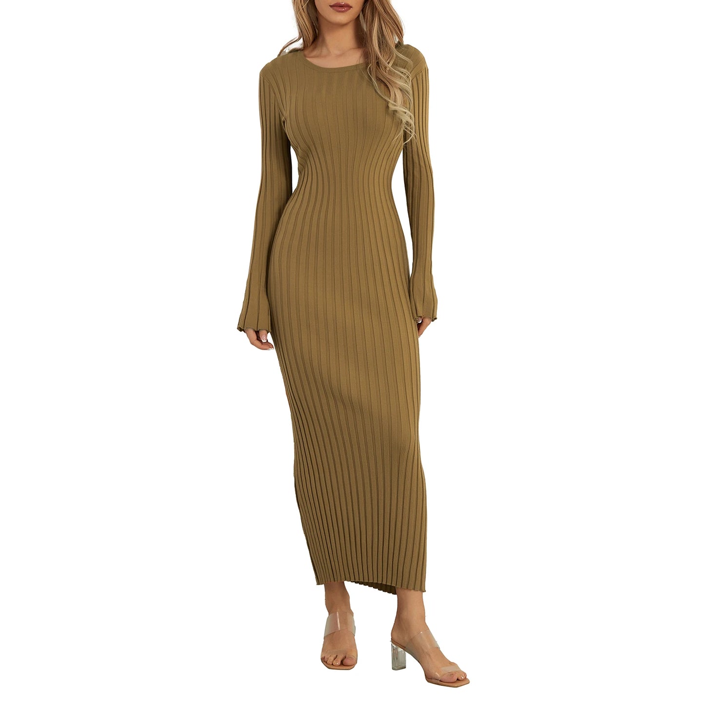 2024 Elegant Women Knit Dress Fashion Long Sleeve Crew Neck Ribbed Solid Fall Long Dress Streetwear Vestidos
