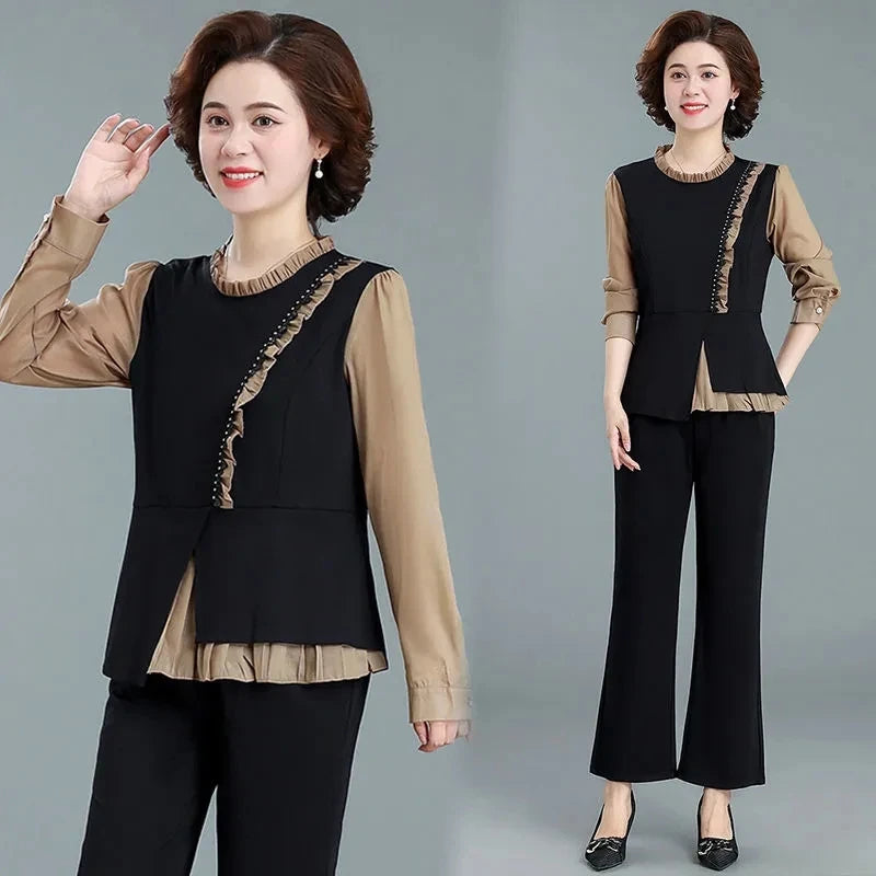 Middle Aged Mom Fashion 2 Piece Set Women Outfit Elegant Ruffles Long Sleeve Blouse And Ankle Length Pant Suit Conjunto Femenino