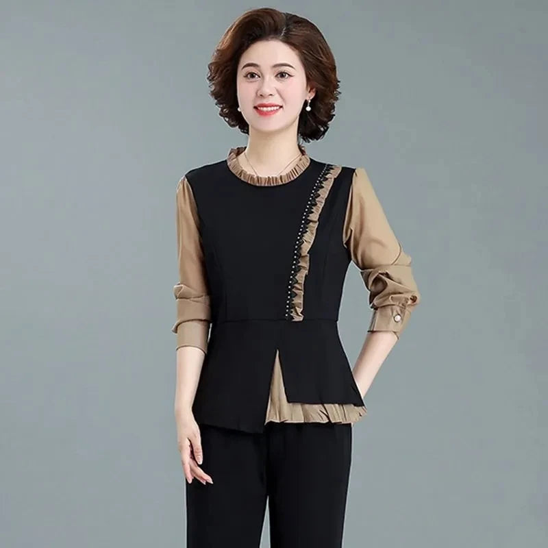 Middle Aged Mom Fashion 2 Piece Set Women Outfit Elegant Ruffles Long Sleeve Blouse And Ankle Length Pant Suit Conjunto Femenino