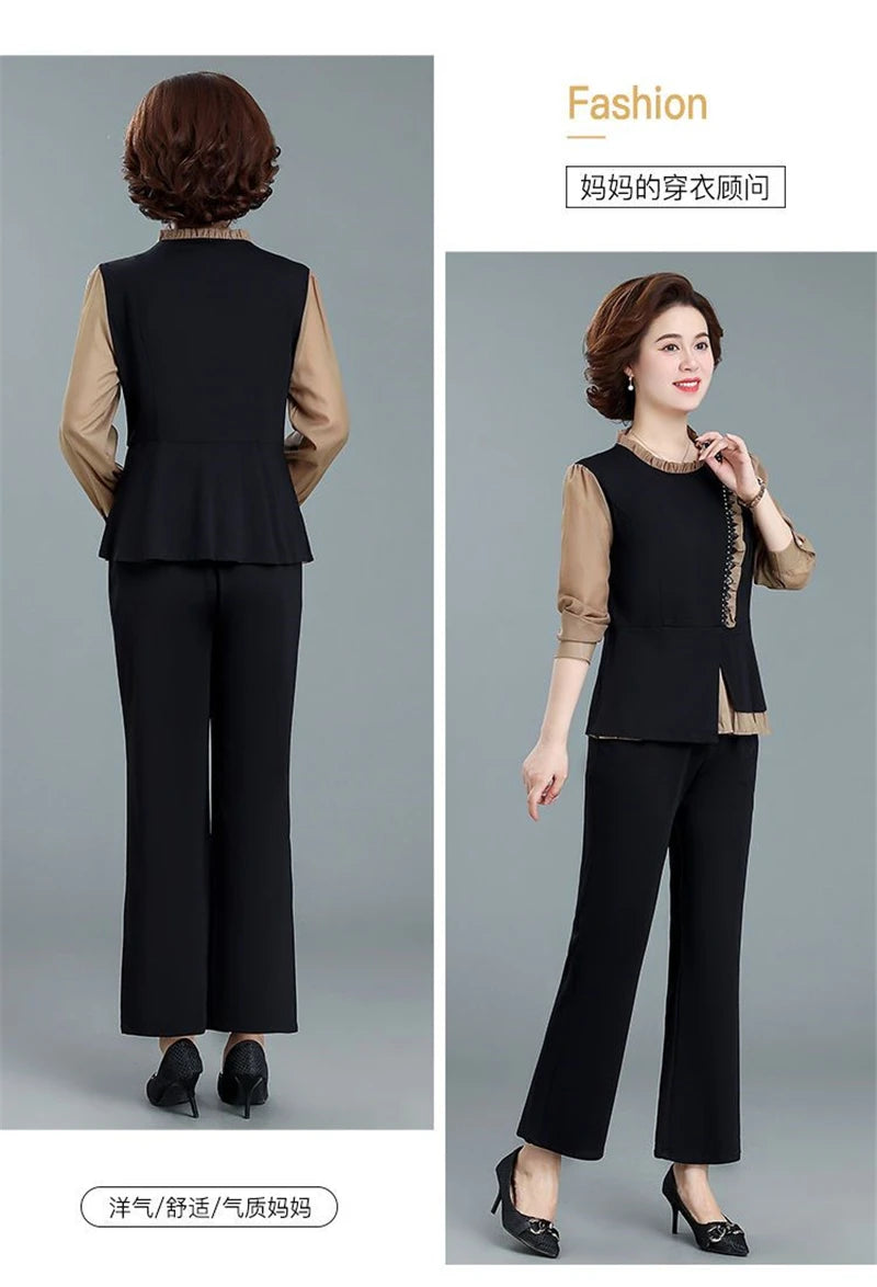 Middle Aged Mom Fashion 2 Piece Set Women Outfit Elegant Ruffles Long Sleeve Blouse And Ankle Length Pant Suit Conjunto Femenino