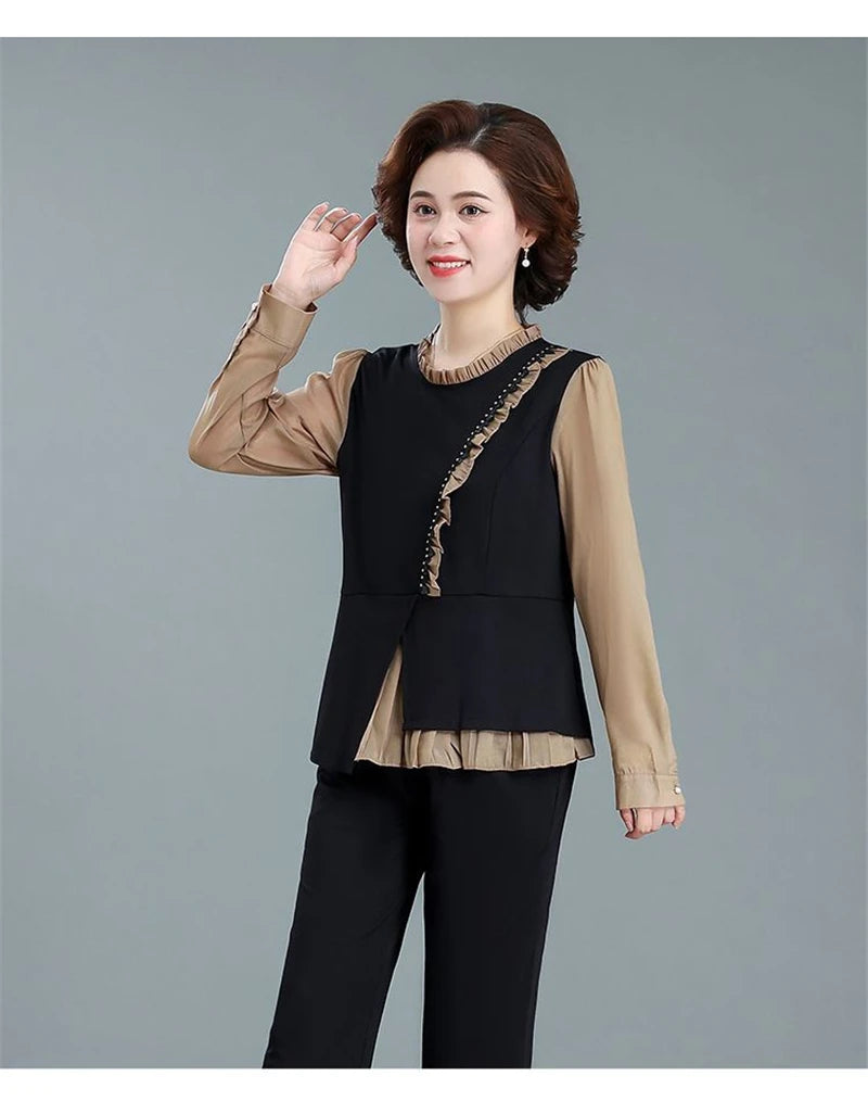 Middle Aged Mom Fashion 2 Piece Set Women Outfit Elegant Ruffles Long Sleeve Blouse And Ankle Length Pant Suit Conjunto Femenino
