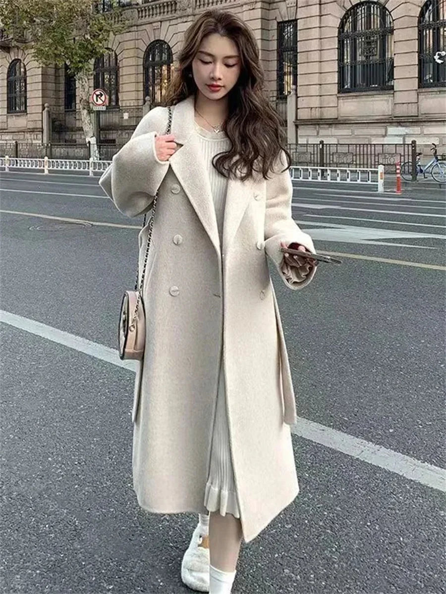 Streetwear Mid Length Woolen Coat Jackets Warm Baggy Double Breasted Jaqueta Overcoat Thick Korean Belt Wool Blend Outerwear New