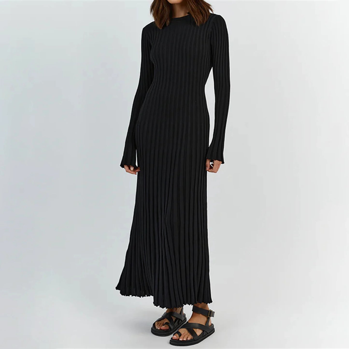 2024 Elegant Women Knit Dress Fashion Long Sleeve Crew Neck Ribbed Solid Fall Long Dress Streetwear Vestidos
