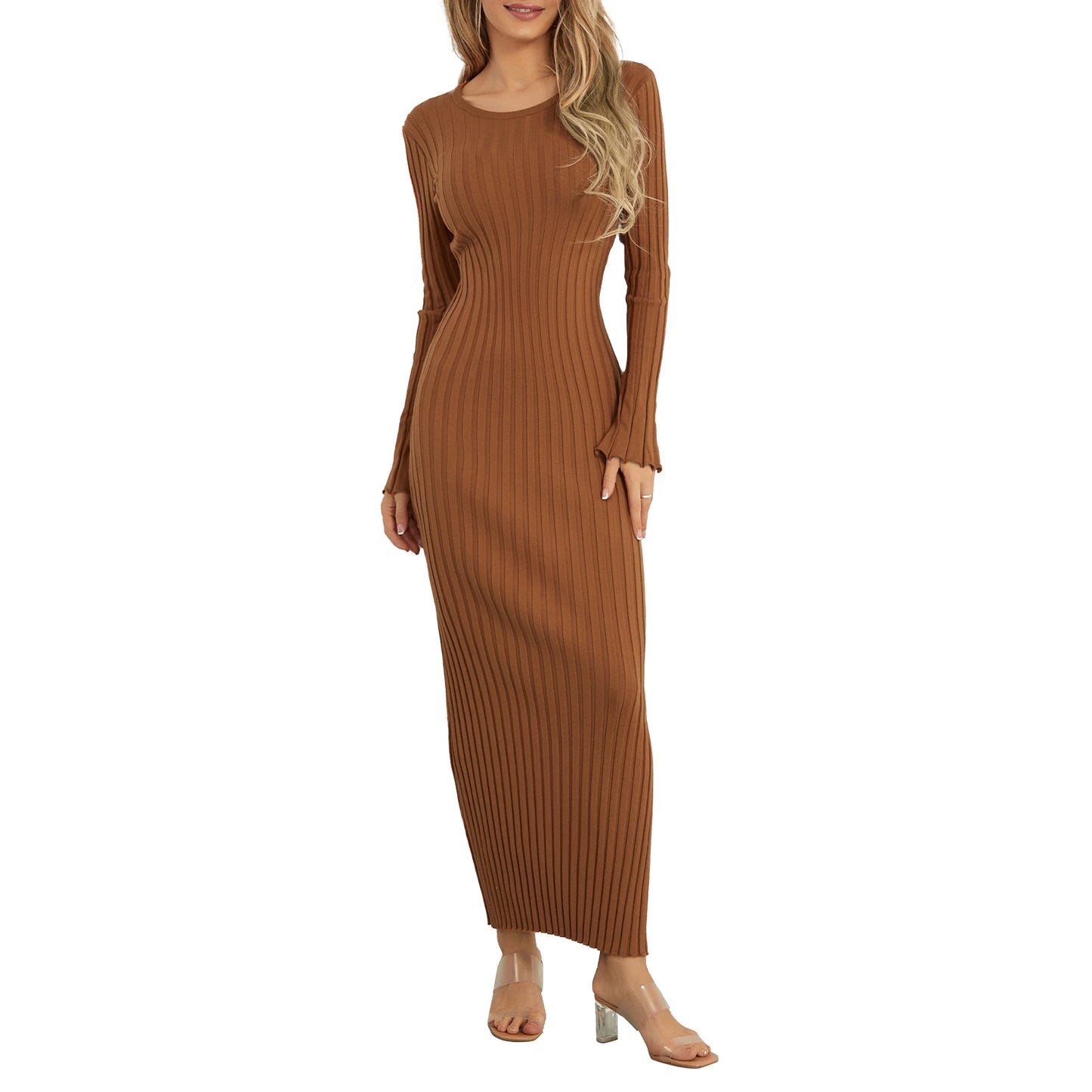2024 Elegant Women Knit Dress Fashion Long Sleeve Crew Neck Ribbed Solid Fall Long Dress Streetwear Vestidos