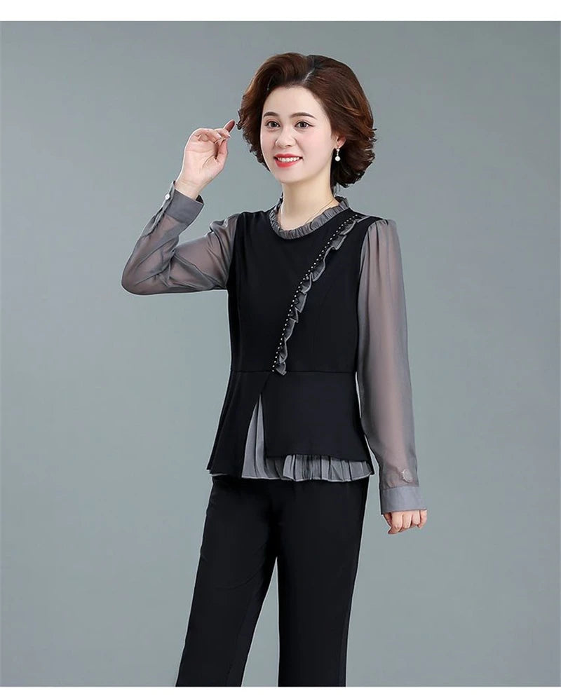 Middle Aged Mom Fashion 2 Piece Set Women Outfit Elegant Ruffles Long Sleeve Blouse And Ankle Length Pant Suit Conjunto Femenino