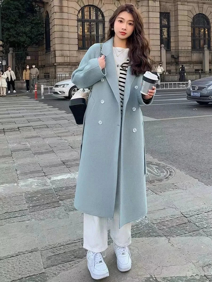 Streetwear Mid Length Woolen Coat Jackets Warm Baggy Double Breasted Jaqueta Overcoat Thick Korean Belt Wool Blend Outerwear New