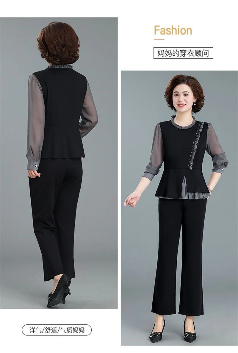 Middle Aged Mom Fashion 2 Piece Set Women Outfit Elegant Ruffles Long Sleeve Blouse And Ankle Length Pant Suit Conjunto Femenino