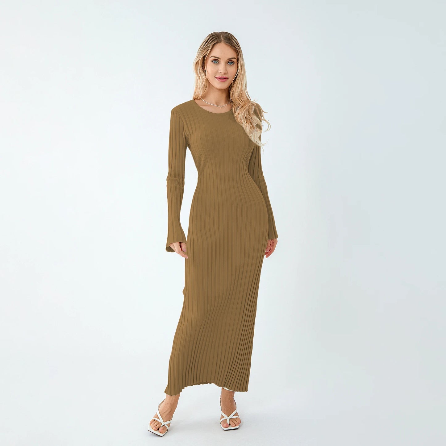 2024 Elegant Women Knit Dress Fashion Long Sleeve Crew Neck Ribbed Solid Fall Long Dress Streetwear Vestidos