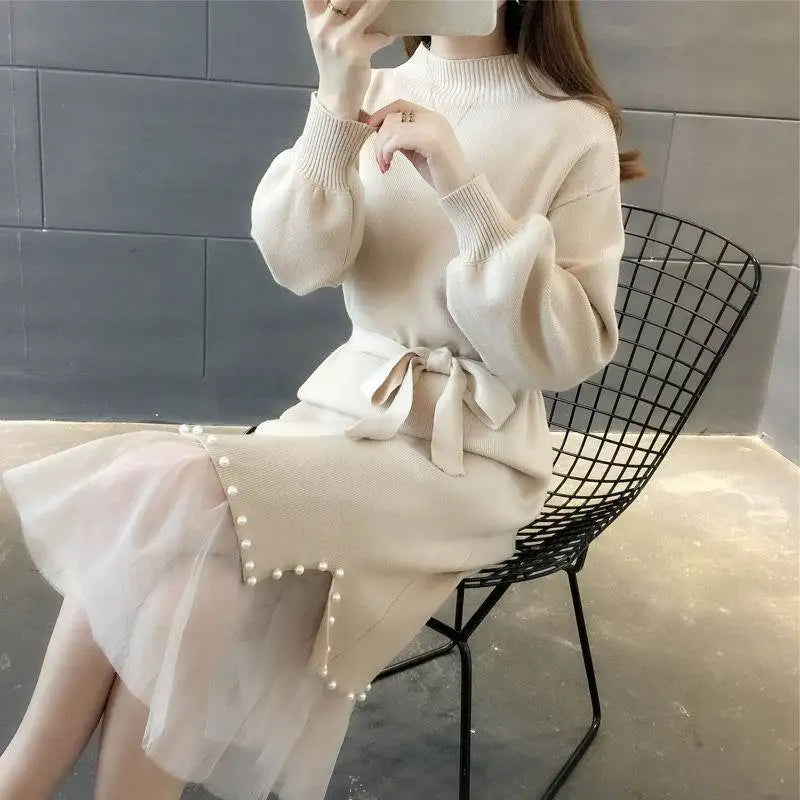 2023 Autumn High-quality Crew-neck Solid Color Long-sleeved Slim Fashion Women's Sweater Dress