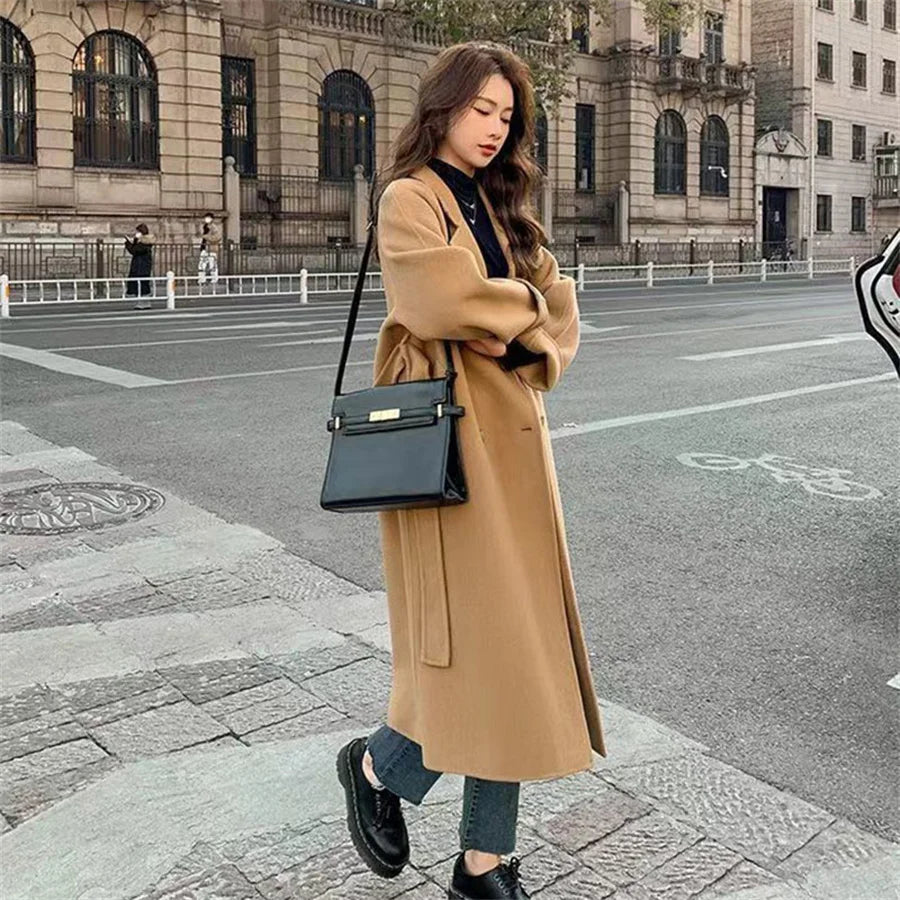 Streetwear Mid Length Woolen Coat Jackets Warm Baggy Double Breasted Jaqueta Overcoat Thick Korean Belt Wool Blend Outerwear New