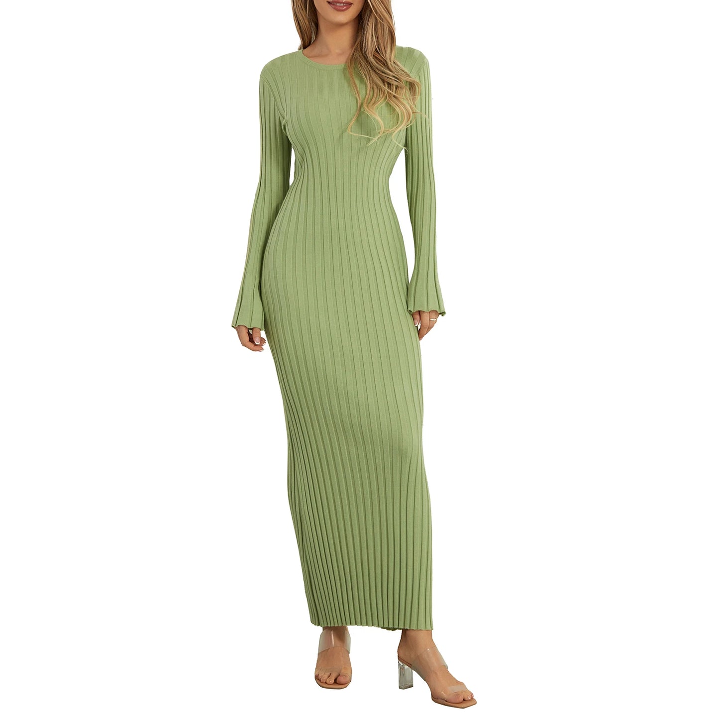 2024 Elegant Women Knit Dress Fashion Long Sleeve Crew Neck Ribbed Solid Fall Long Dress Streetwear Vestidos