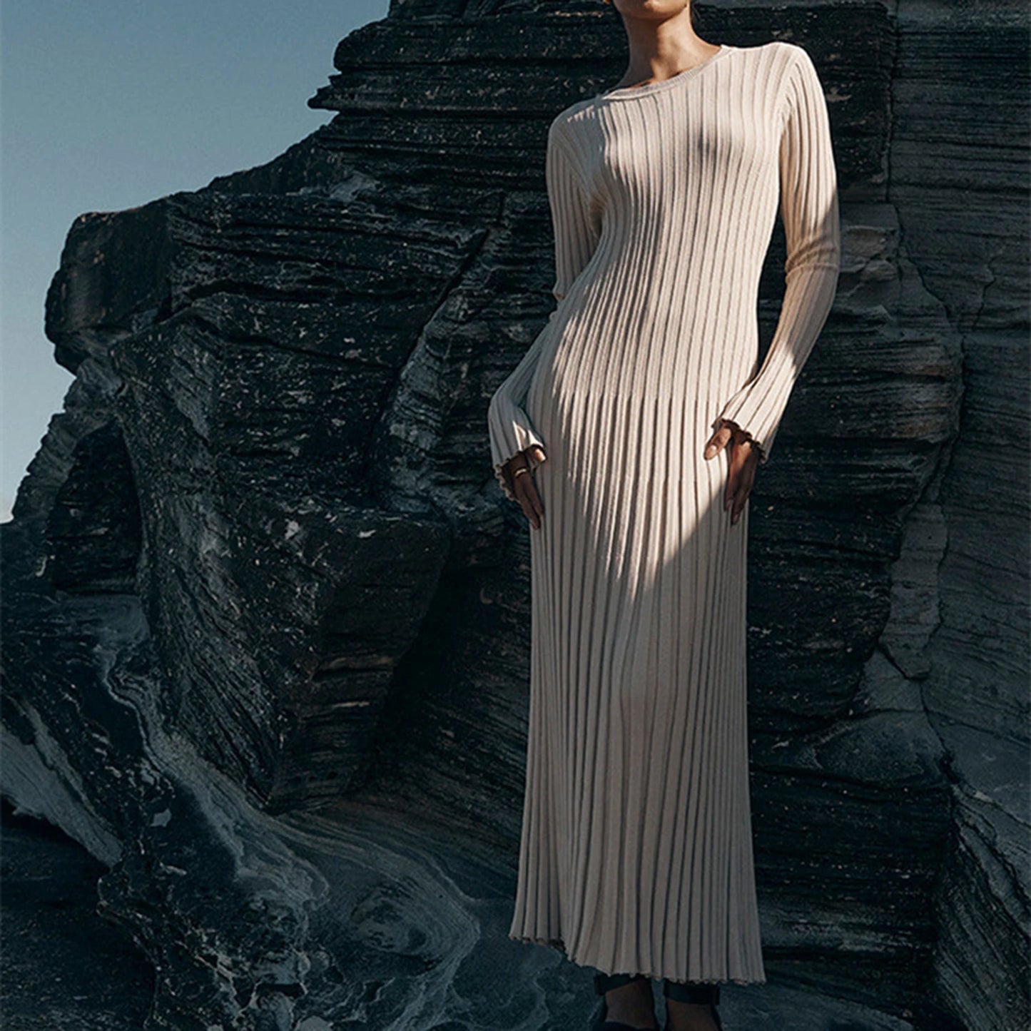 2024 Elegant Women Knit Dress Fashion Long Sleeve Crew Neck Ribbed Solid Fall Long Dress Streetwear Vestidos