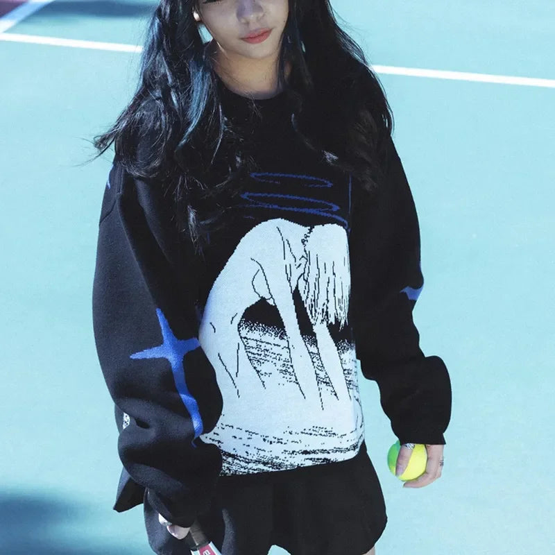 Evangelion Ayanami Rei Anime Sweaters Women Y2k Knitwear Retro Harajuku Loose Knitted Jumpers Gothic Oversized Fashion Autumn