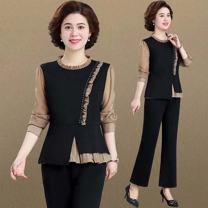 Middle Aged Mom Fashion 2 Piece Set Women Outfit Elegant Ruffles Long Sleeve Blouse And Ankle Length Pant Suit Conjunto Femenino