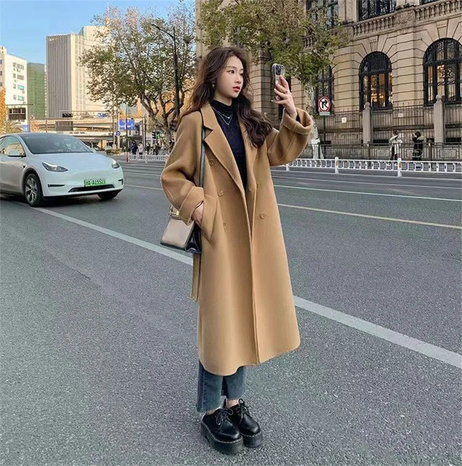 Streetwear Mid Length Woolen Coat Jackets Warm Baggy Double Breasted Jaqueta Overcoat Thick Korean Belt Wool Blend Outerwear New