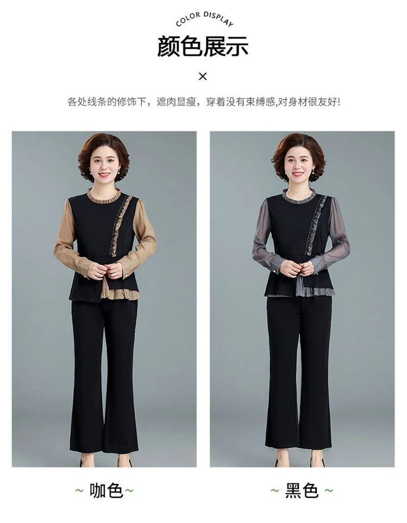 Middle Aged Mom Fashion 2 Piece Set Women Outfit Elegant Ruffles Long Sleeve Blouse And Ankle Length Pant Suit Conjunto Femenino