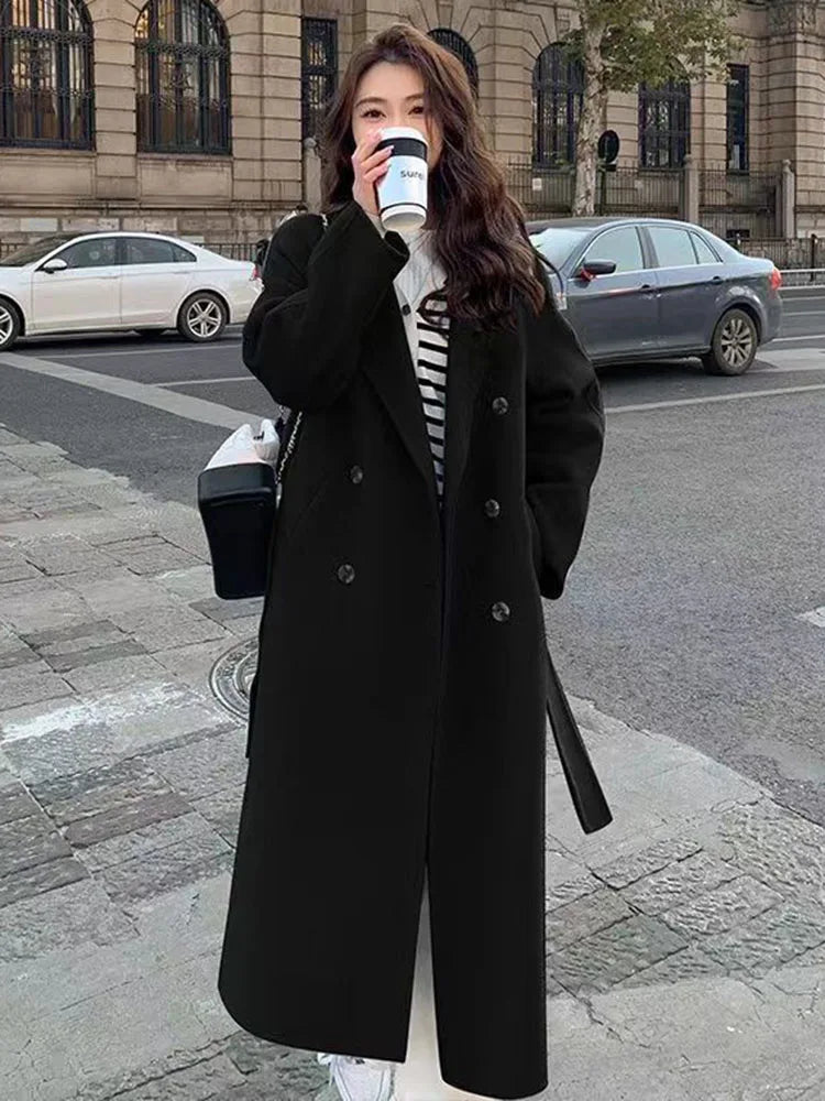 Streetwear Mid Length Woolen Coat Jackets Warm Baggy Double Breasted Jaqueta Overcoat Thick Korean Belt Wool Blend Outerwear New