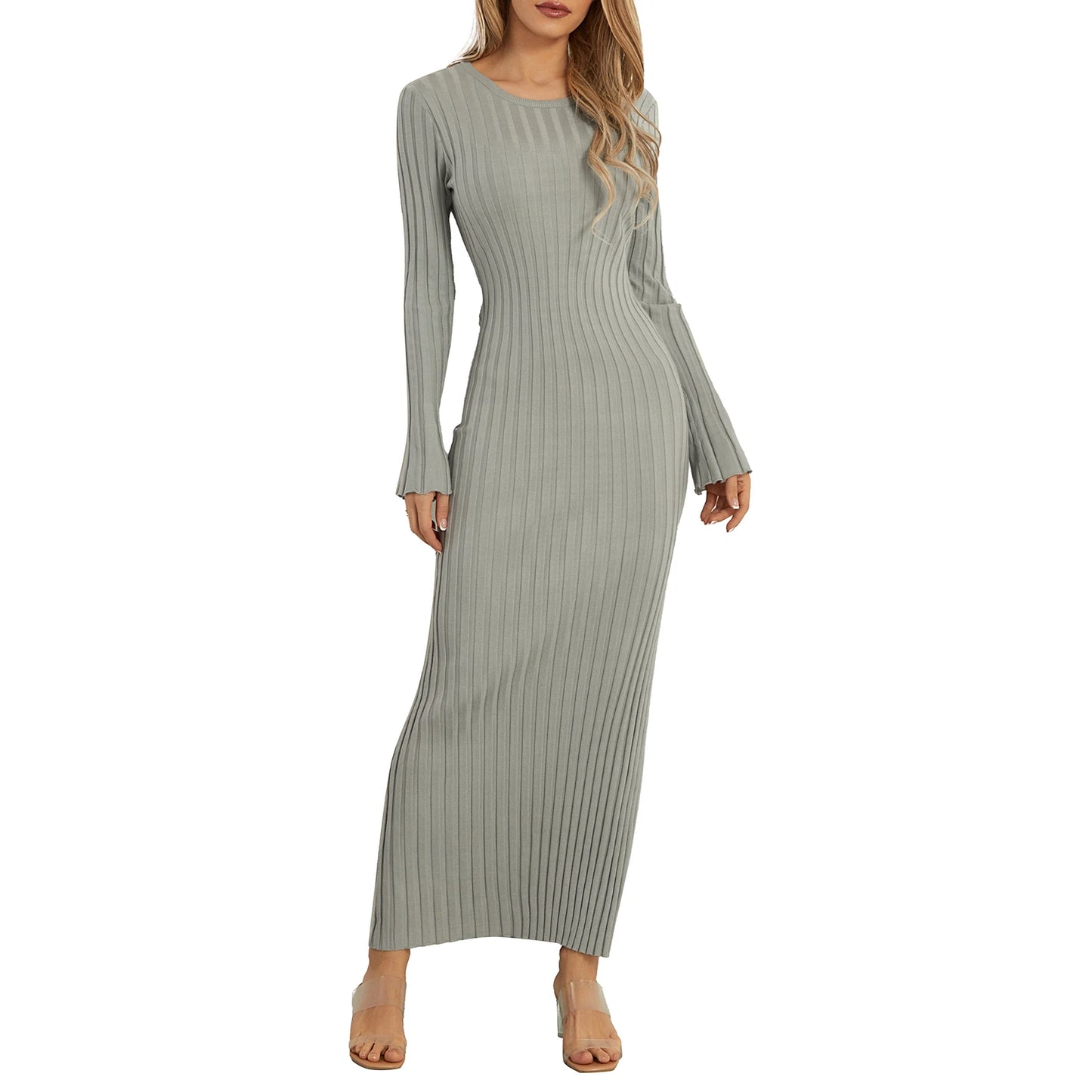 2024 Elegant Women Knit Dress Fashion Long Sleeve Crew Neck Ribbed Solid Fall Long Dress Streetwear Vestidos