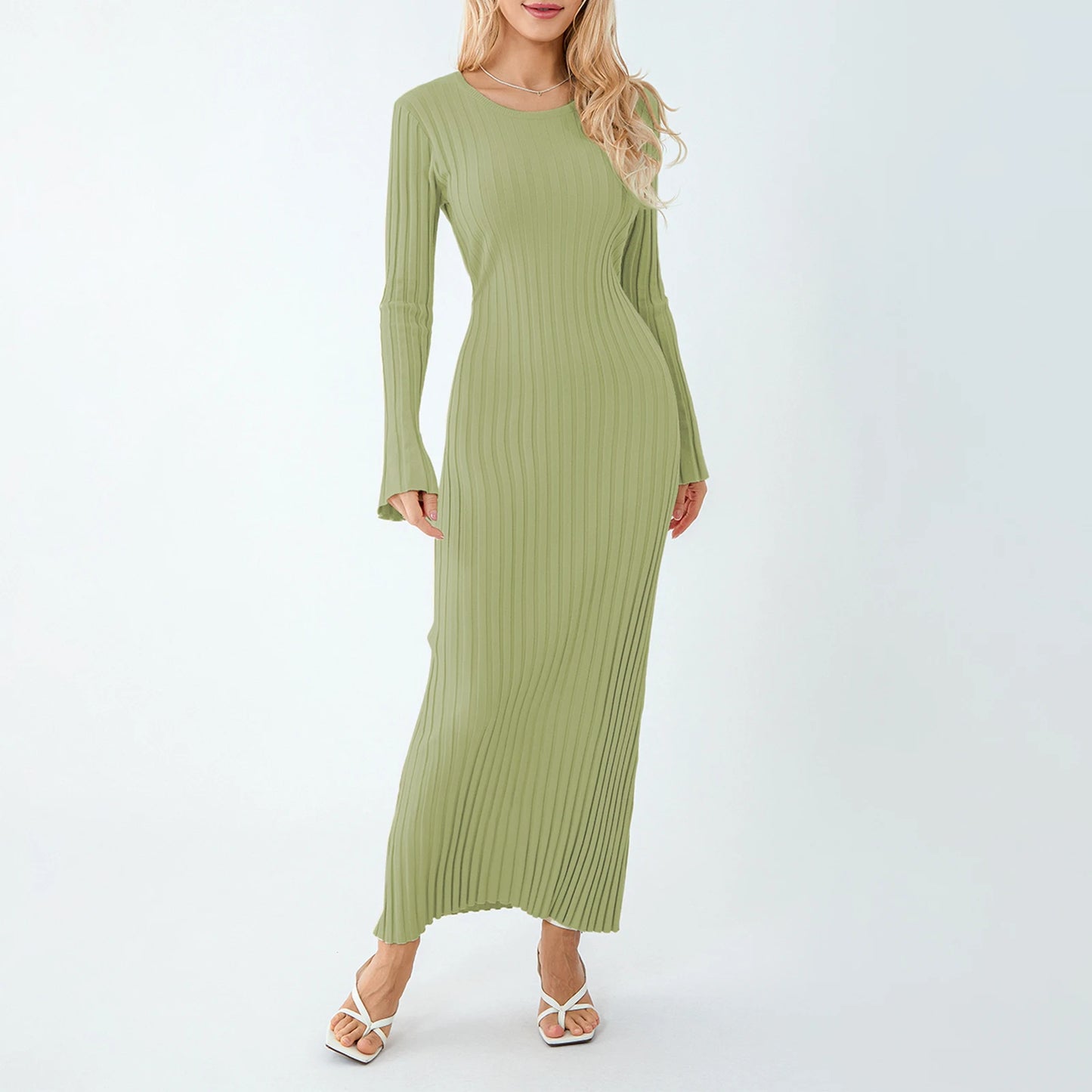 2024 Elegant Women Knit Dress Fashion Long Sleeve Crew Neck Ribbed Solid Fall Long Dress Streetwear Vestidos