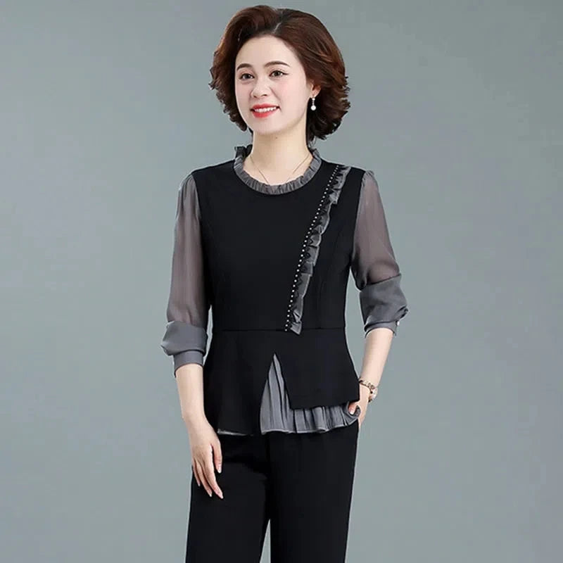 Middle Aged Mom Fashion 2 Piece Set Women Outfit Elegant Ruffles Long Sleeve Blouse And Ankle Length Pant Suit Conjunto Femenino