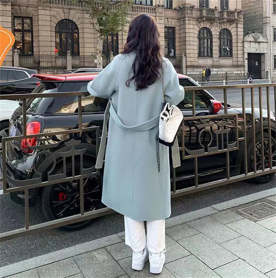 Streetwear Mid Length Woolen Coat Jackets Warm Baggy Double Breasted Jaqueta Overcoat Thick Korean Belt Wool Blend Outerwear New