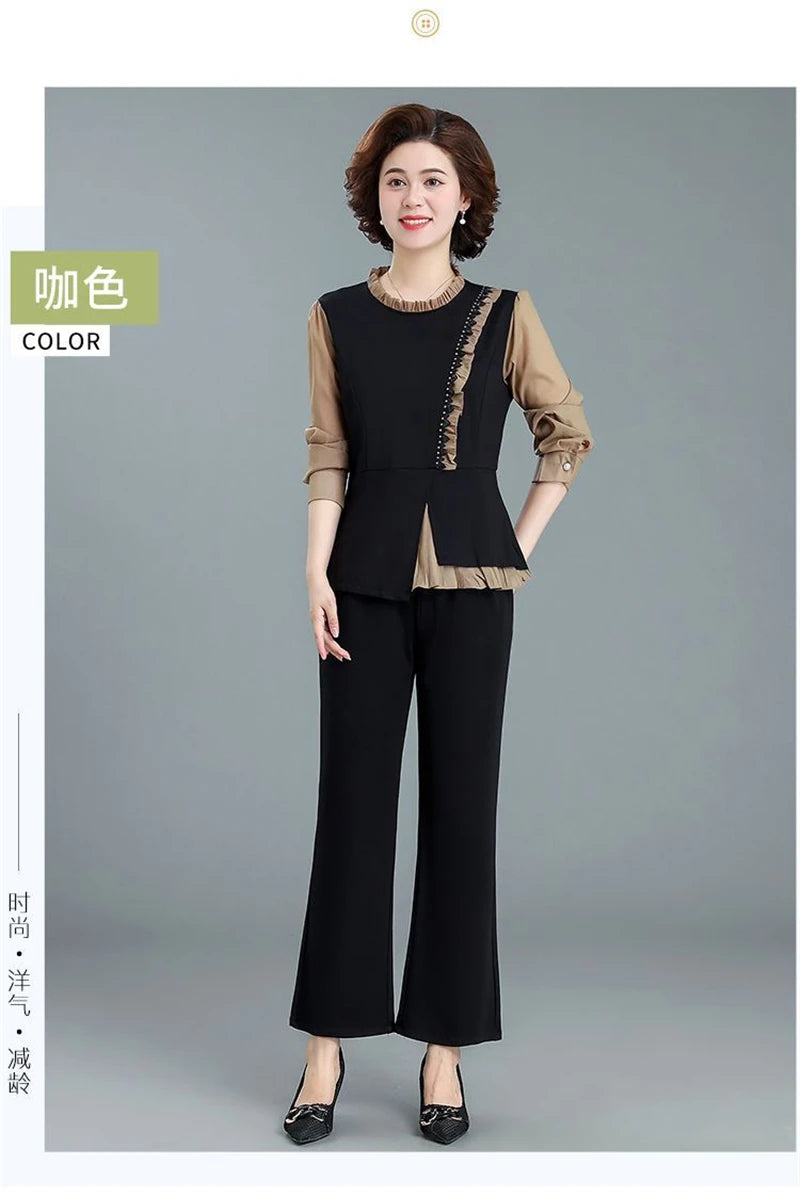 Middle Aged Mom Fashion 2 Piece Set Women Outfit Elegant Ruffles Long Sleeve Blouse And Ankle Length Pant Suit Conjunto Femenino