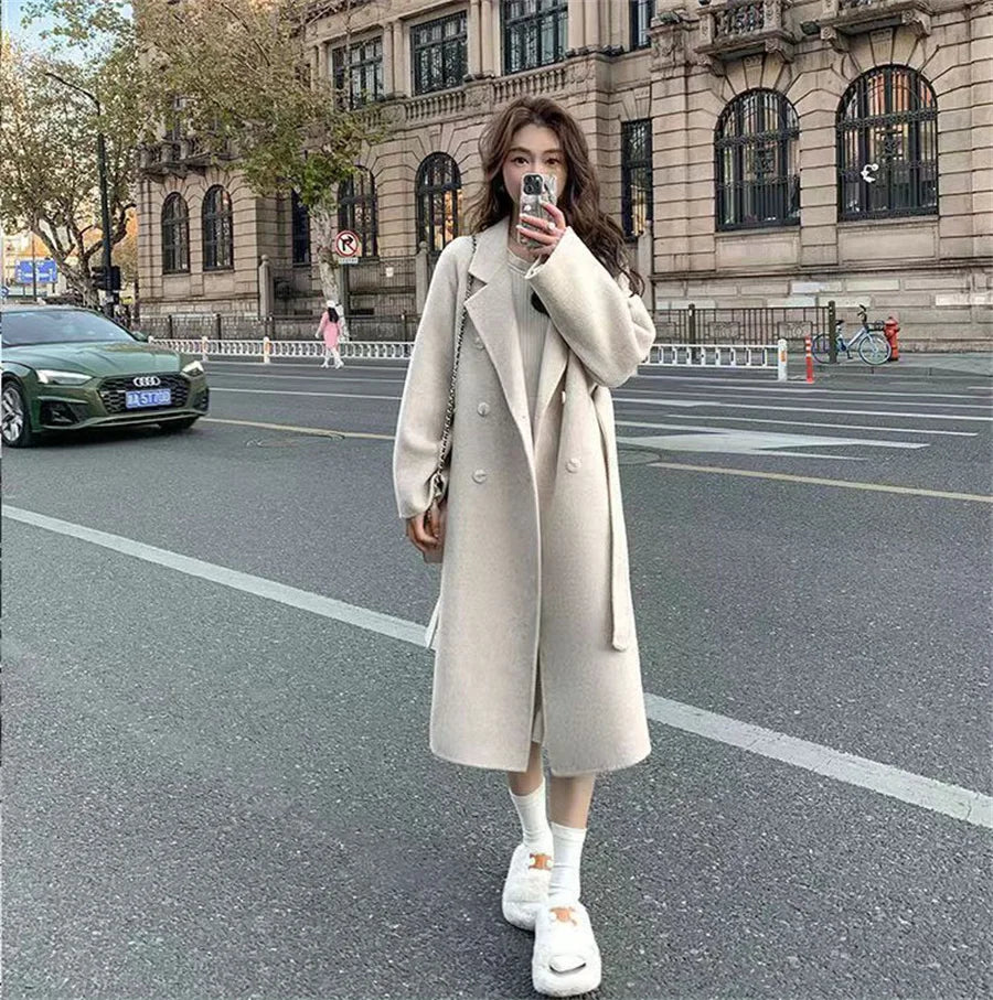 Streetwear Mid Length Woolen Coat Jackets Warm Baggy Double Breasted Jaqueta Overcoat Thick Korean Belt Wool Blend Outerwear New