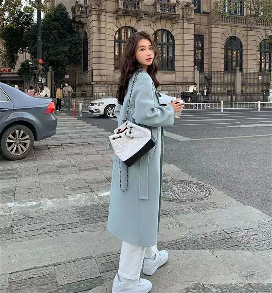 Streetwear Mid Length Woolen Coat Jackets Warm Baggy Double Breasted Jaqueta Overcoat Thick Korean Belt Wool Blend Outerwear New