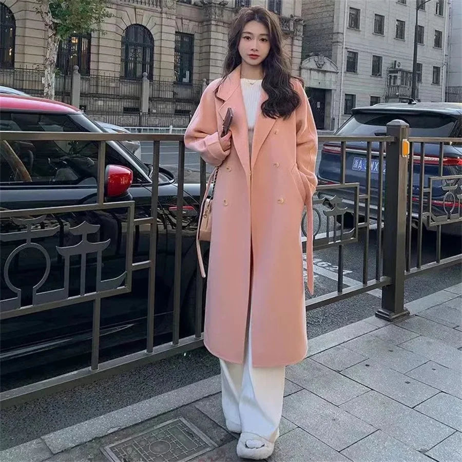 Streetwear Mid Length Woolen Coat Jackets Warm Baggy Double Breasted Jaqueta Overcoat Thick Korean Belt Wool Blend Outerwear New