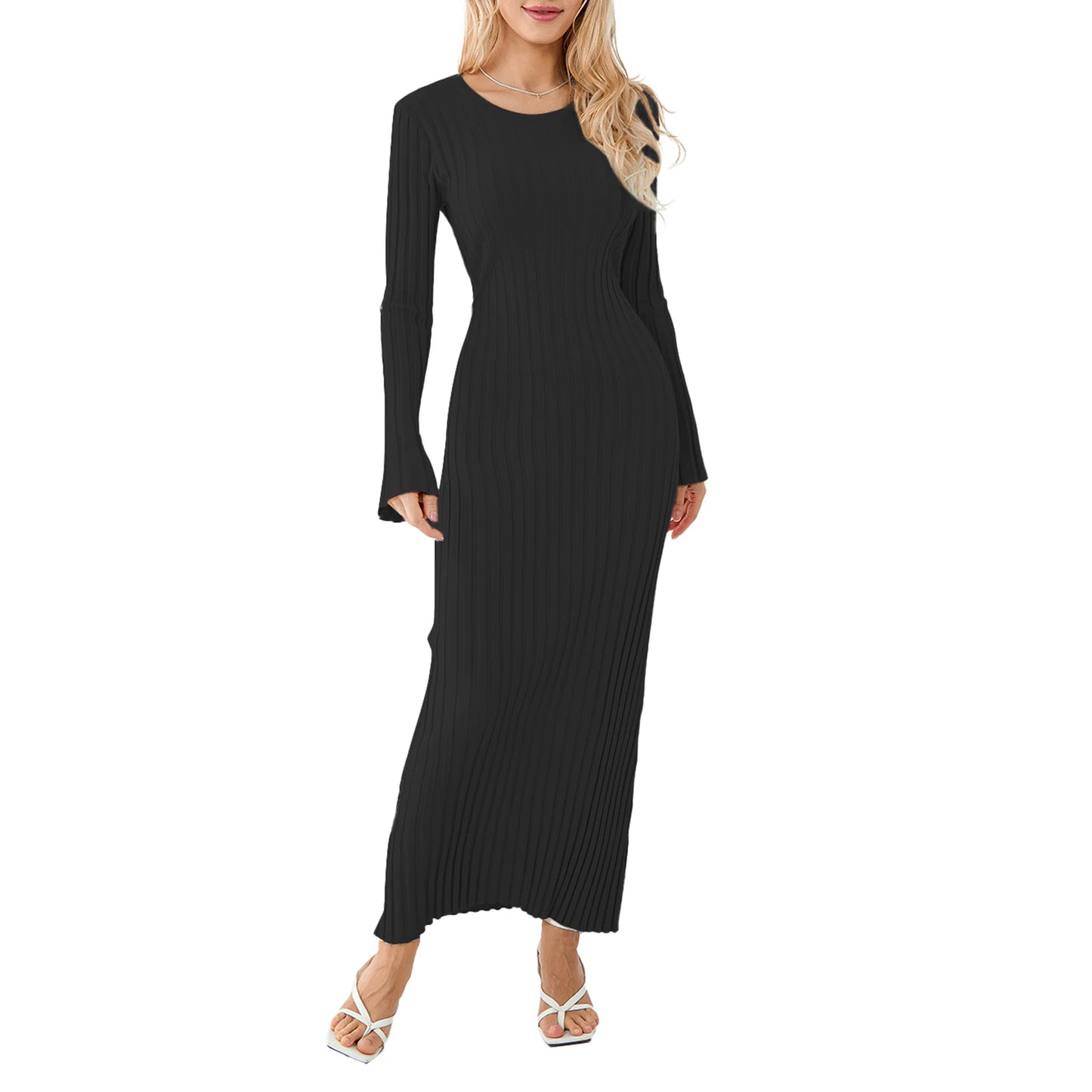 2024 Elegant Women Knit Dress Fashion Long Sleeve Crew Neck Ribbed Solid Fall Long Dress Streetwear Vestidos
