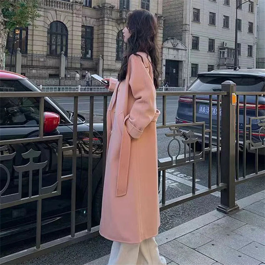 Streetwear Mid Length Woolen Coat Jackets Warm Baggy Double Breasted Jaqueta Overcoat Thick Korean Belt Wool Blend Outerwear New