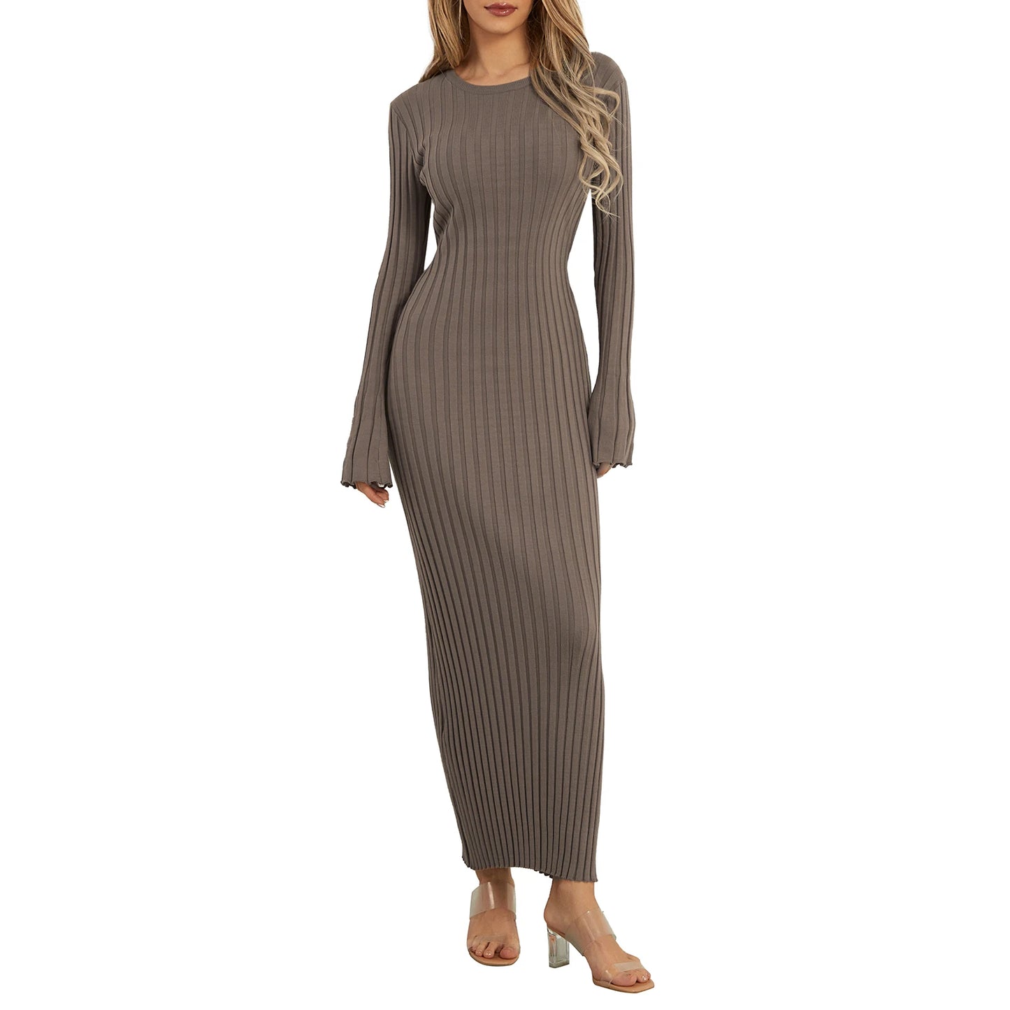 2024 Elegant Women Knit Dress Fashion Long Sleeve Crew Neck Ribbed Solid Fall Long Dress Streetwear Vestidos