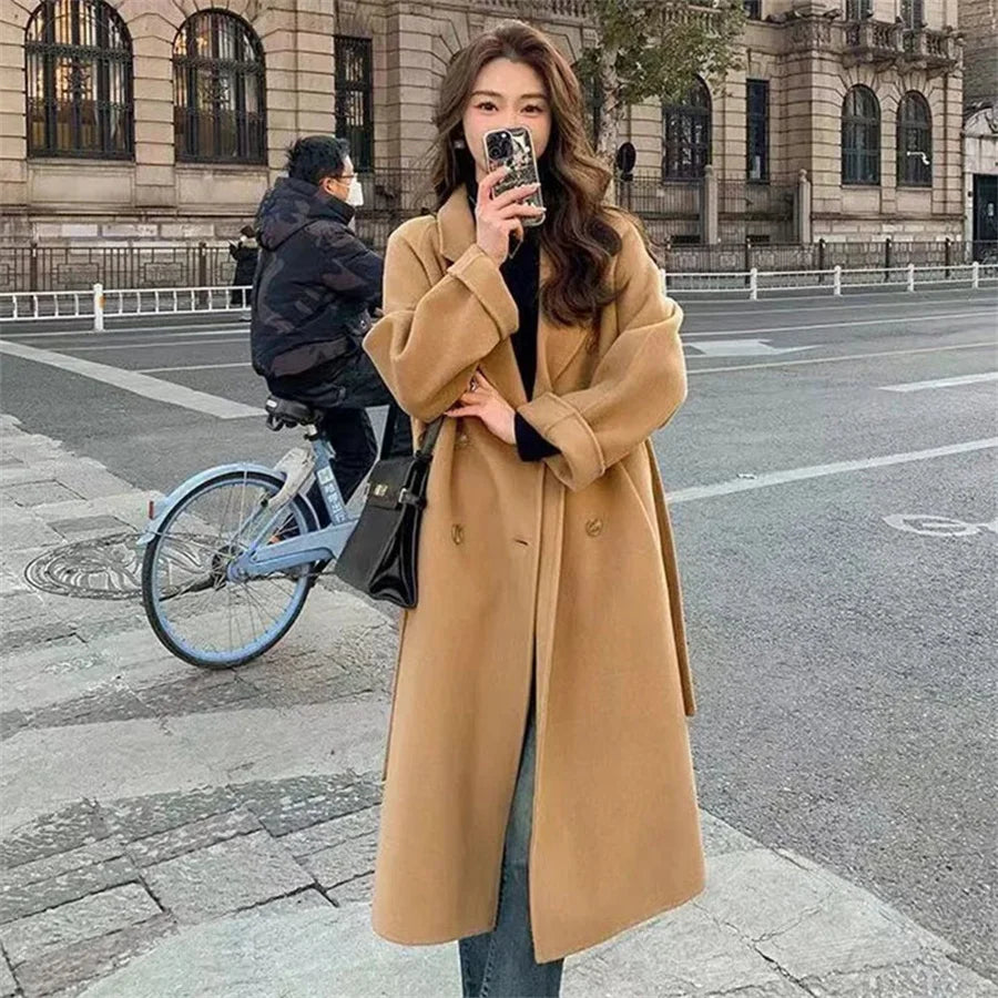 Streetwear Mid Length Woolen Coat Jackets Warm Baggy Double Breasted Jaqueta Overcoat Thick Korean Belt Wool Blend Outerwear New