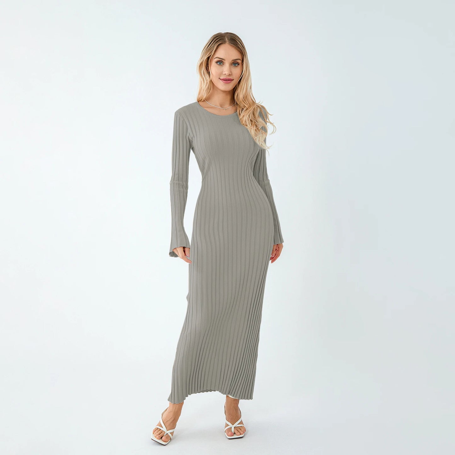 2024 Elegant Women Knit Dress Fashion Long Sleeve Crew Neck Ribbed Solid Fall Long Dress Streetwear Vestidos