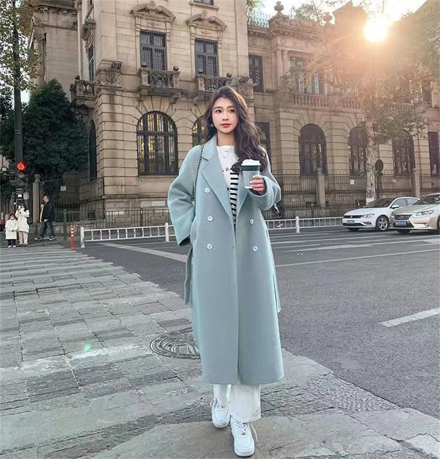 Streetwear Mid Length Woolen Coat Jackets Warm Baggy Double Breasted Jaqueta Overcoat Thick Korean Belt Wool Blend Outerwear New